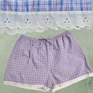 VINTAGE 80s lavender plaid sleep lounge shorts eyelet lace drawstring elastic